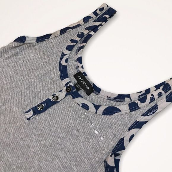 BEBE Silk Trim Heathered Gray Rhinestone Logo Tank - Picture 4 of 8